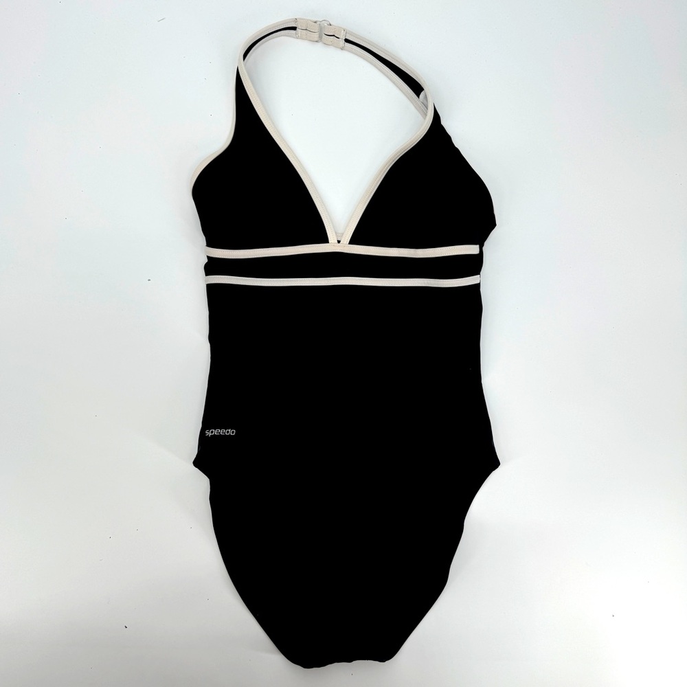 Speedo black one piece halter swimsuit white trim size 6